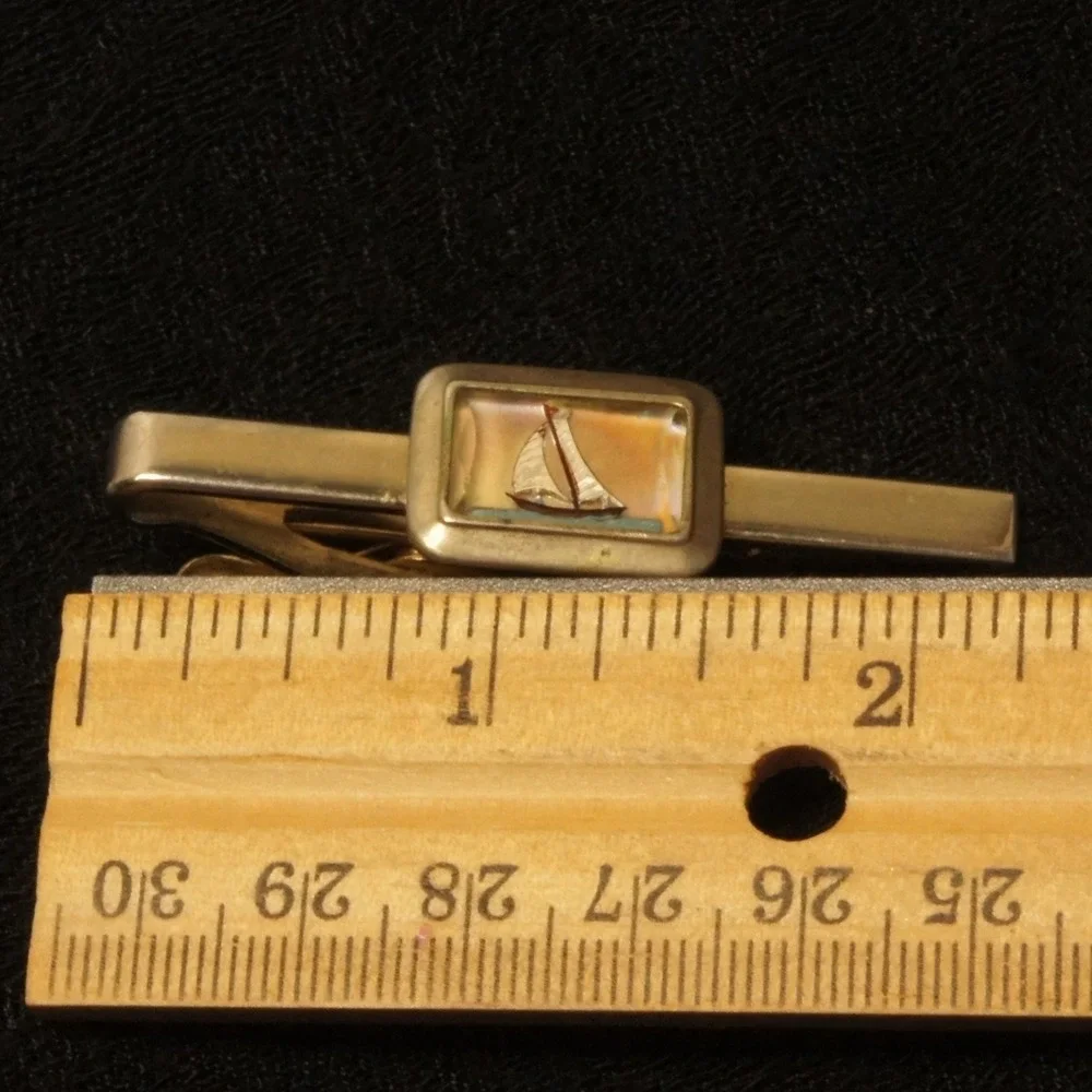 Vintage Sailboat Tie Clip Gold Tone Nautical Tie Bar Mother‎ of Pearl Inlay
